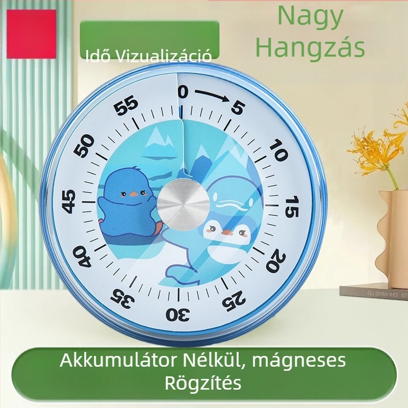 Mechanikus vizuális időzítő, kör alakú műanyag ház, kézi működtetés, tanuláshoz és konyhai főzéshez