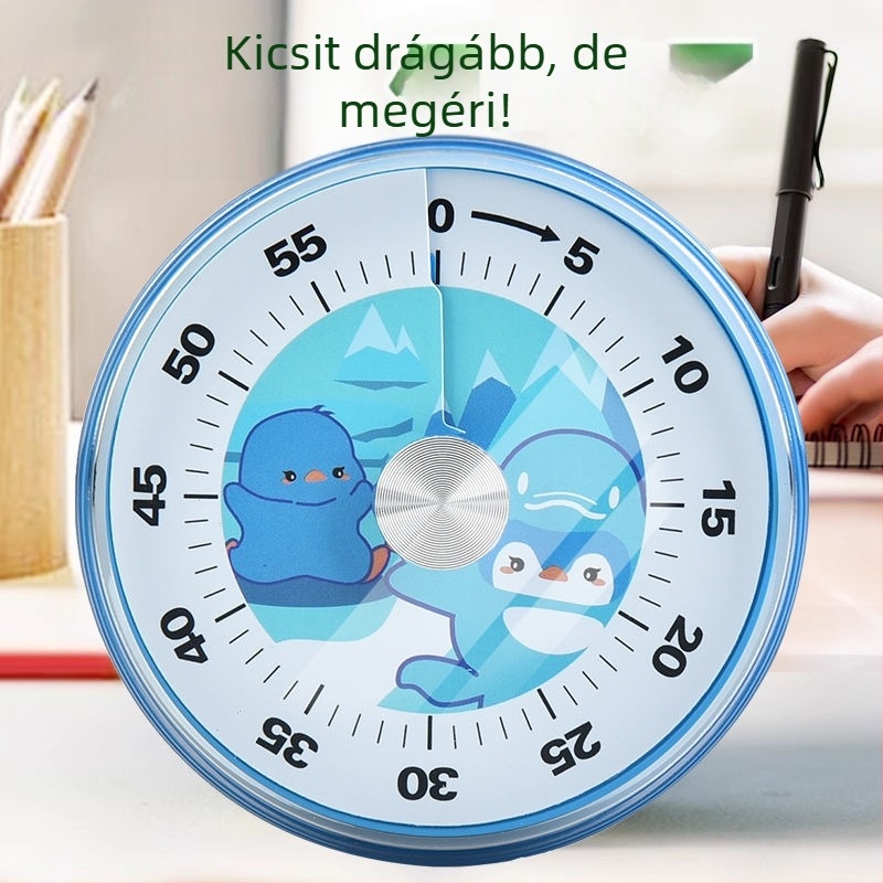 Mechanikus vizuális időzítő, kör alakú műanyag ház, kézi működtetés, tanuláshoz és konyhai főzéshez