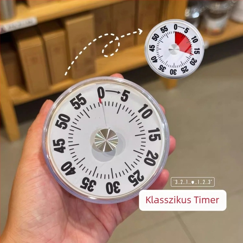 Mechanikus vizuális időzítő, kör alakú műanyag ház, kézi működtetés, tanuláshoz és konyhai főzéshez