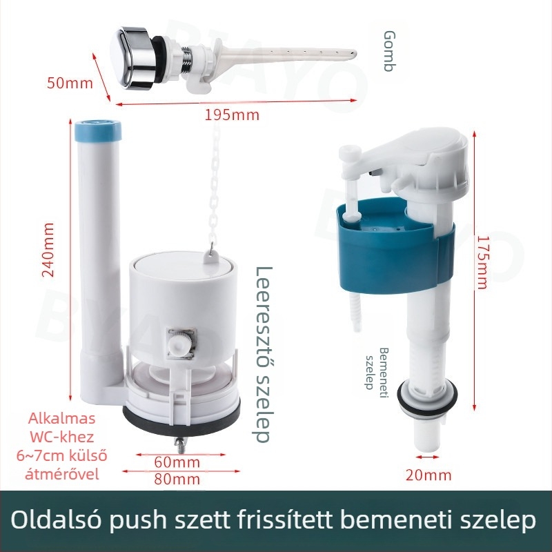 Toalett vízbetöltő szelep — univerzális, oldalsó gombos, klasszikus tartály öblítéshez, termékkód 6836087294801, telepítési szolgáltatás elérhető