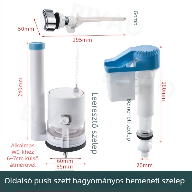 Toalett vízbetöltő szelep — univerzális, oldalsó gombos, klasszikus tartály öblítéshez, termékkód 6836087294801, telepítési szolgáltatás elérhető