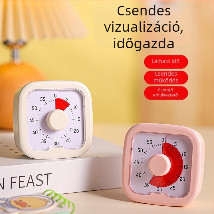 Csendes vizuális időmérő diákoknak – házi feladatok időgazdálkodása és önfegyelem, ABS ház, kvarcmozgás, kijelző mutatóval és számokkal, elemmel működik, téglalap alakú