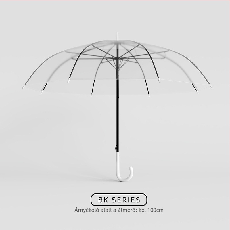 Átlátszó esernyő hosszú műanyag fogantyúval, automata nyitás, logónyomtatás, modern minimalist stílus