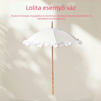 Lolita pagoda esernyő csipkés díszítéssel – 8 bordás, hosszú nyél, kézi nyitás-zárás, tömörfa tengely és nyél, rostos bordák, csipke díszítés, testreszabható logó