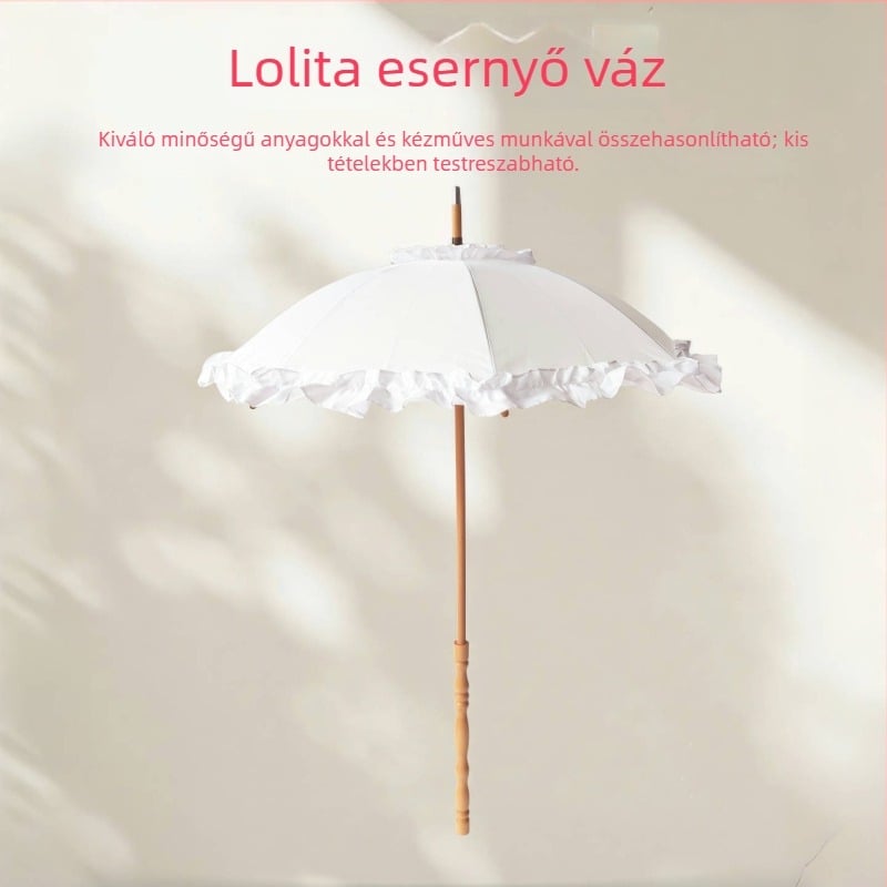 Lolita pagoda esernyő csipkés díszítéssel – 8 bordás, hosszú nyél, kézi nyitás-zárás, tömörfa tengely és nyél, rostos bordák, csipke díszítés, testreszabható logó