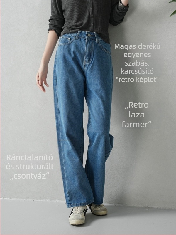 Női farmernadrág egyenes szabású, Hongkong-stílus, denim 70-80% pamut