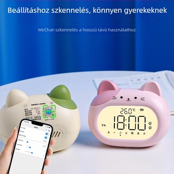 Gyerekeknek szóló ébresztőóra, rajzfilmszerű design, LED kijelző, elemes működés, elektronikus mozgás (14 mm vastagság, ABS ház)