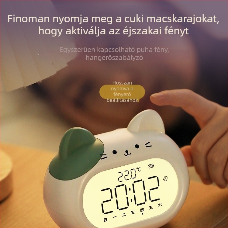 Gyerekeknek szóló ébresztőóra, rajzfilmszerű design, LED kijelző, elemes működés, elektronikus mozgás (14 mm vastagság, ABS ház)