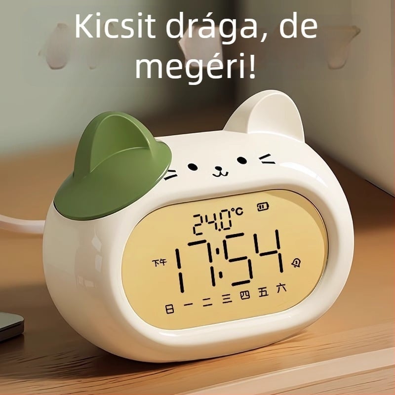 Gyerekeknek szóló ébresztőóra, rajzfilmszerű design, LED kijelző, elemes működés, elektronikus mozgás (14 mm vastagság, ABS ház)