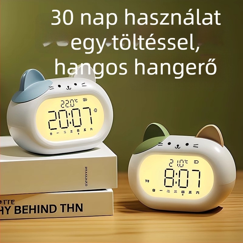 Gyerekeknek szóló ébresztőóra, rajzfilmszerű design, LED kijelző, elemes működés, elektronikus mozgás (14 mm vastagság, ABS ház)