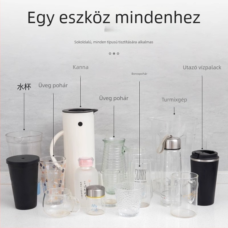 Bögre- és üvegtisztító kefe hosszú nyéllel, szójatej blenderhez, sarkok nélküli tisztítás