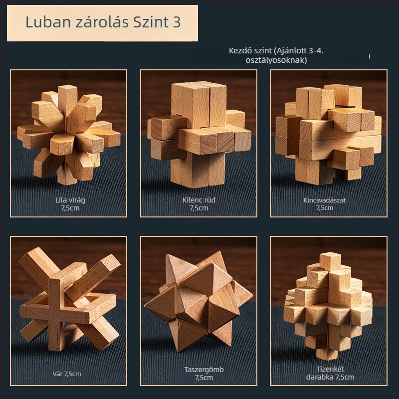 Fából készült Kong Ming Lock / Lu Ban Lock rejtvénykészlet gyerekeknek — Kelang Furniture márka, 4–6 éveseknek
