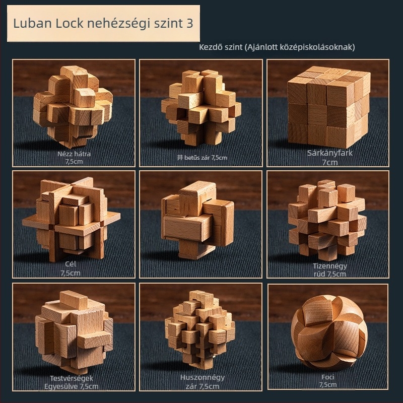Fából készült Kong Ming Lock / Lu Ban Lock rejtvénykészlet gyerekeknek — Kelang Furniture márka, 4–6 éveseknek