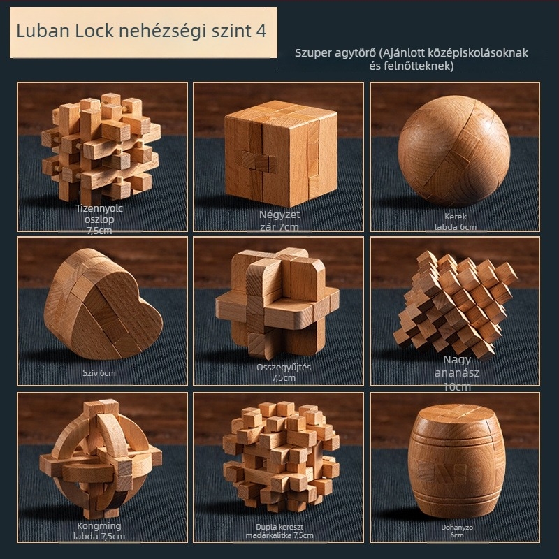 Fából készült Kong Ming Lock / Lu Ban Lock rejtvénykészlet gyerekeknek — Kelang Furniture márka, 4–6 éveseknek