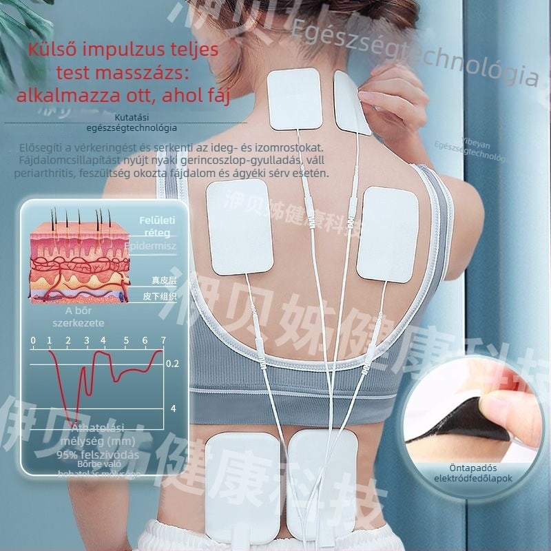 Fizioterápiás eszköz közép-frekvenciás elektromos masszázsra: nyak, derék, csípő és lábak, egész testre; újratölthető, USB-vezérlés, modell HZKJ-908, súly 300 g