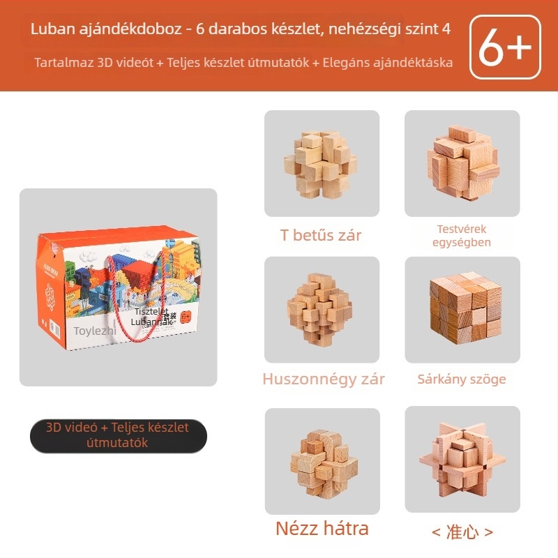 Derek fa Kongming/Luban záras puzzle készlet gyerekeknek – 6 vagy 9 darabos, oktatási építőelemek, 7–14 éveseknek, DIY és logó OEM testreszabás elérhető