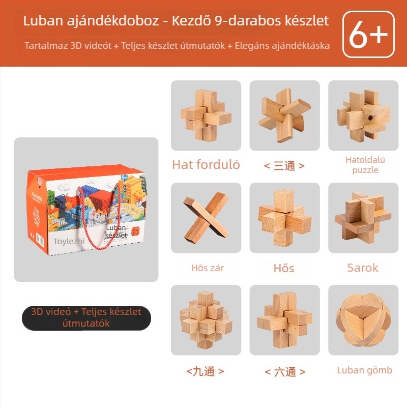 Derek fa Kongming/Luban záras puzzle készlet gyerekeknek – 6 vagy 9 darabos, oktatási építőelemek, 7–14 éveseknek, DIY és logó OEM testreszabás elérhető