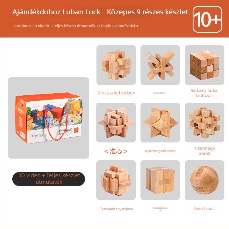 Derek fa Kongming/Luban záras puzzle készlet gyerekeknek – 6 vagy 9 darabos, oktatási építőelemek, 7–14 éveseknek, DIY és logó OEM testreszabás elérhető