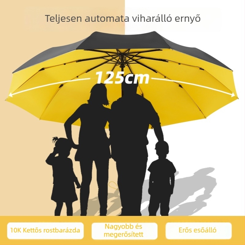 Háromrészes összecsukható esernyő, teljesen automatikus nyitás-zárás, 10 bordák, váz rostból, középső pálca acélból, Impact Fabric bevonat