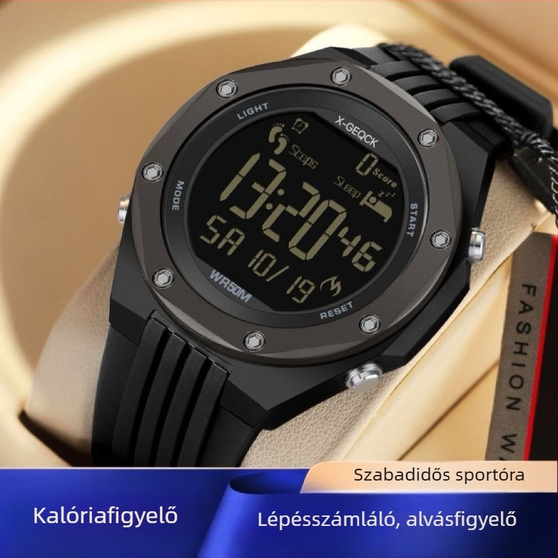 X-Geqck elektronikus óra alvásfigyeléssel, lépésszámlálóval, stopperrel, ébresztővel, 50 m vízálló