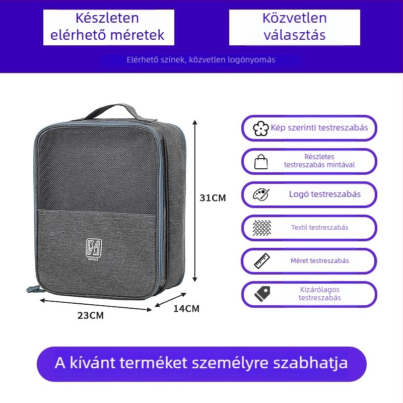 Utazócipő védő táska, vízálló és koszálló, modern letisztult stílus, testreszabható