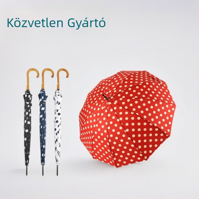 12 bordás esernyő pöttyös mintával, hosszú nyéllel, automata nyitás, nőknek