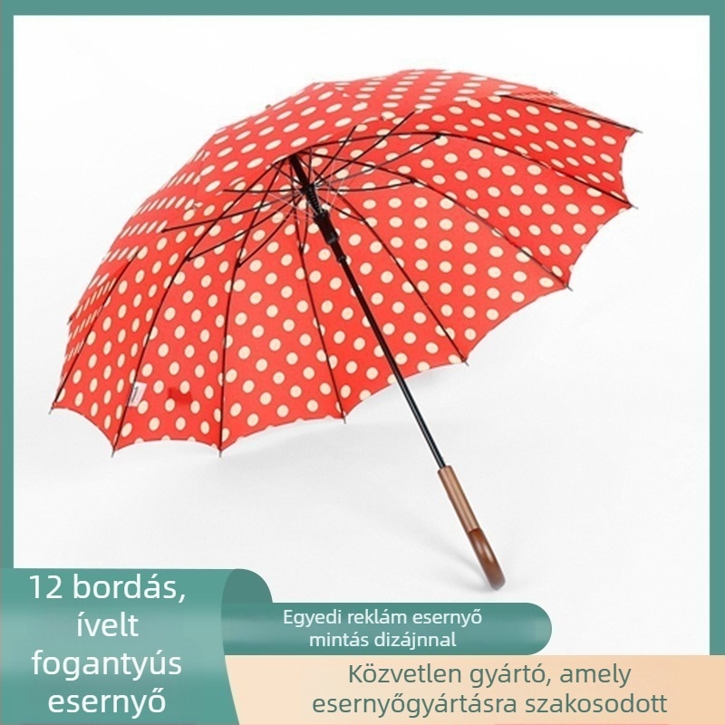 12 bordás esernyő pöttyös mintával, hosszú nyéllel, automata nyitás, nőknek