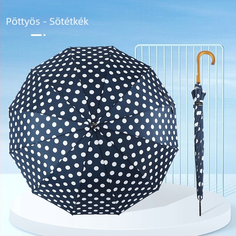 12 bordás esernyő pöttyös mintával, hosszú nyéllel, automata nyitás, nőknek