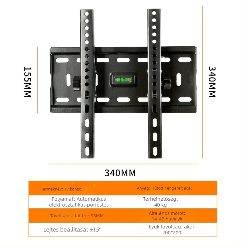 Universális falra szerelhető TV-tartó, mechanikus állítással, acélból készült, teherbírás >15 kg