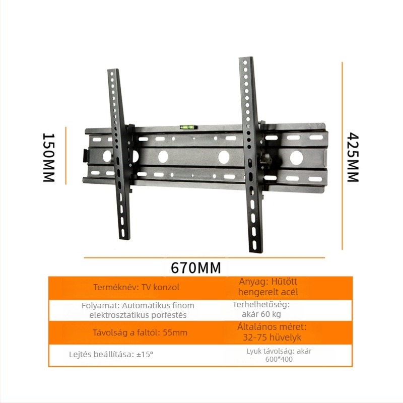 Universális falra szerelhető TV-tartó, mechanikus állítással, acélból készült, teherbírás >15 kg