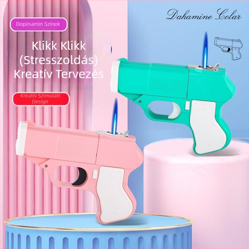 Fém alakú pisztoly formájú öngyújtó és cigarettatároló, bután, szélálló, testreszabható logó, 100 darabos doboz