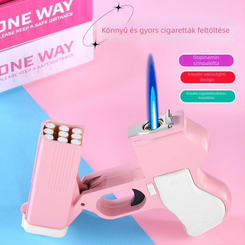 Fém alakú pisztoly formájú öngyújtó és cigarettatároló, bután, szélálló, testreszabható logó, 100 darabos doboz