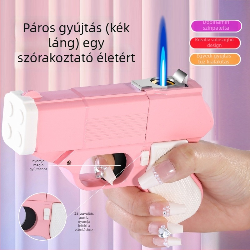 Fém alakú pisztoly formájú öngyújtó és cigarettatároló, bután, szélálló, testreszabható logó, 100 darabos doboz