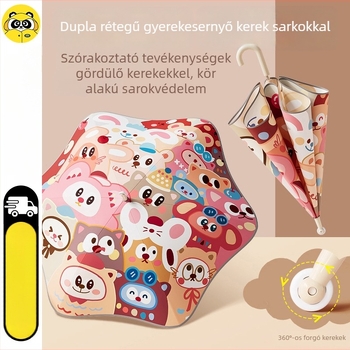 Mu Meng Gyerekek iskolai esernyő – dupla réteg, napsütés és eső kettős használat, 6 bordás alumínium váz és alumínium nyél, EVA nyelet, rajzfilm-stílus, hosszú nyél