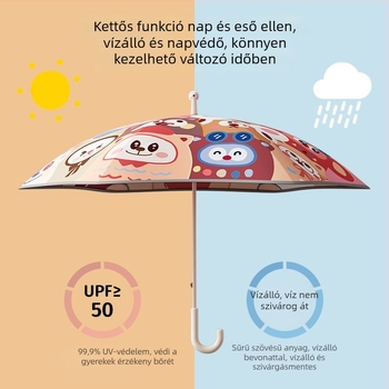 Mu Meng Gyerekek iskolai esernyő – dupla réteg, napsütés és eső kettős használat, 6 bordás alumínium váz és alumínium nyél, EVA nyelet, rajzfilm-stílus, hosszú nyél