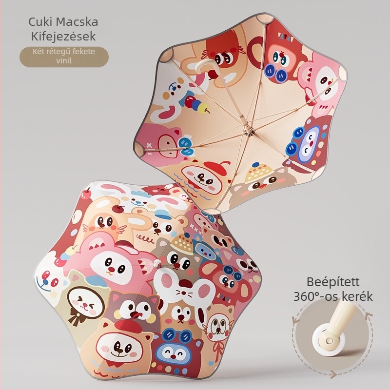 Mu Meng Gyerekek iskolai esernyő – dupla réteg, napsütés és eső kettős használat, 6 bordás alumínium váz és alumínium nyél, EVA nyelet, rajzfilm-stílus, hosszú nyél