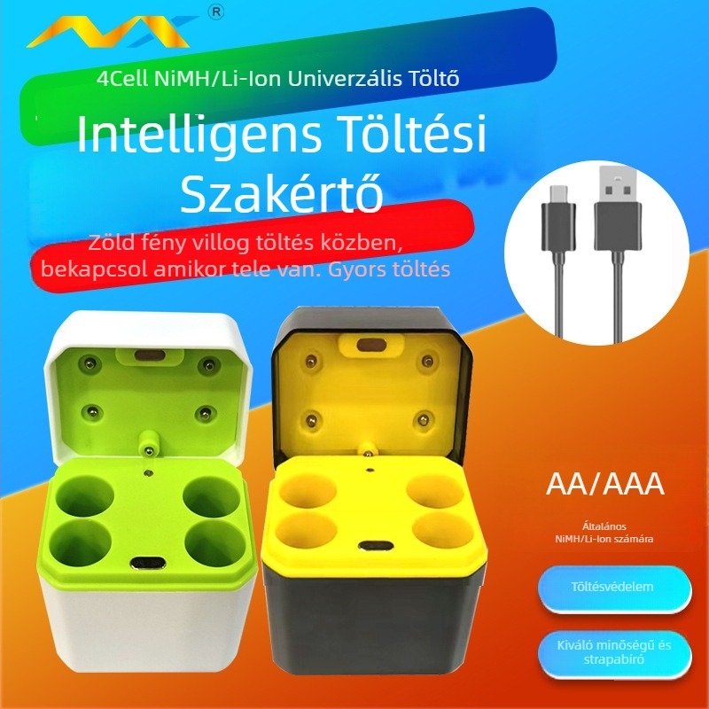 4-helyes univerzális akkumulátortöltő NiMH/Li-ion akkumulátorokhoz, DC 5V bemenet, 5V 1.4A kimenet, RoHS/MSDS