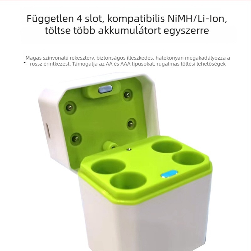 4-helyes univerzális akkumulátortöltő NiMH/Li-ion akkumulátorokhoz, DC 5V bemenet, 5V 1.4A kimenet, RoHS/MSDS