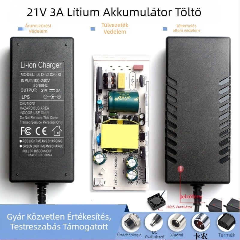 21V 3A okos lítium-polimer akkumulátor töltő 18650-ös cellákhoz, bemenet AC 100–240V, kimenet DC 21V 3A
