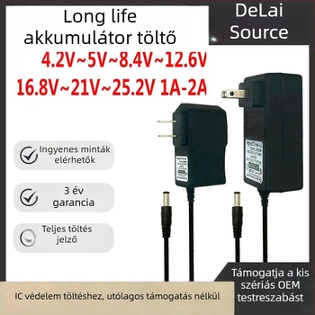 Lithiumakkumulátor töltő, 12,6V bemenet, 1A/2A kimenet, 18650 elemhez, fejlámpa adapter