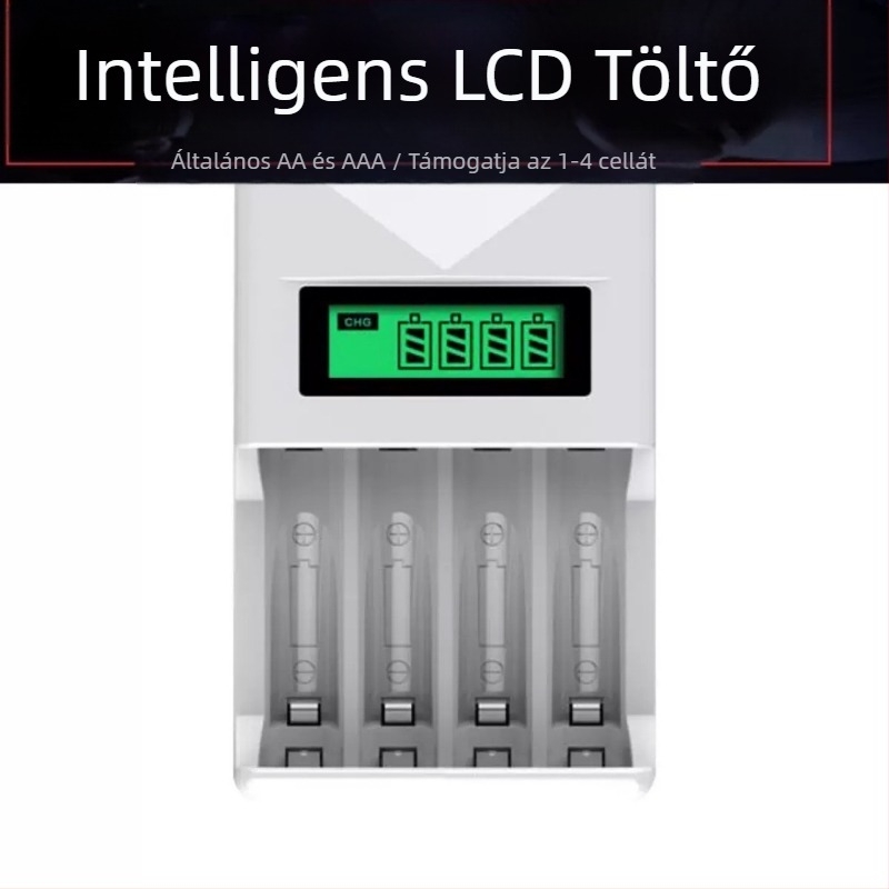 LCD intelligens töltő NiMH/NiCd akkukhoz, egyesével vagy vegyesen tölthető, bemenet 100–240 VAC, kimenet 1.2 V DC-ig 2 A