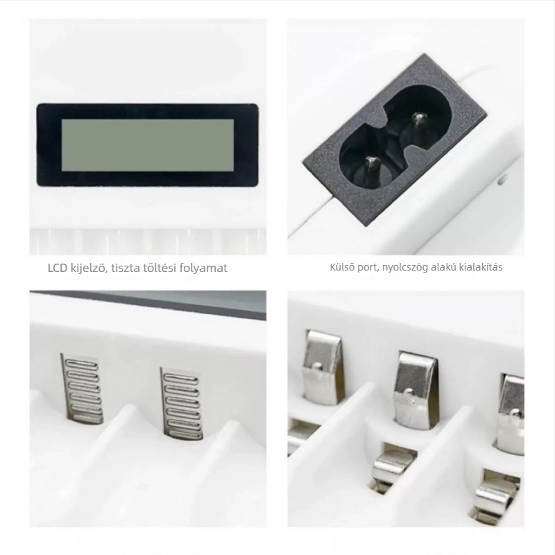 LCD intelligens töltő NiMH/NiCd akkukhoz, egyesével vagy vegyesen tölthető, bemenet 100–240 VAC, kimenet 1.2 V DC-ig 2 A