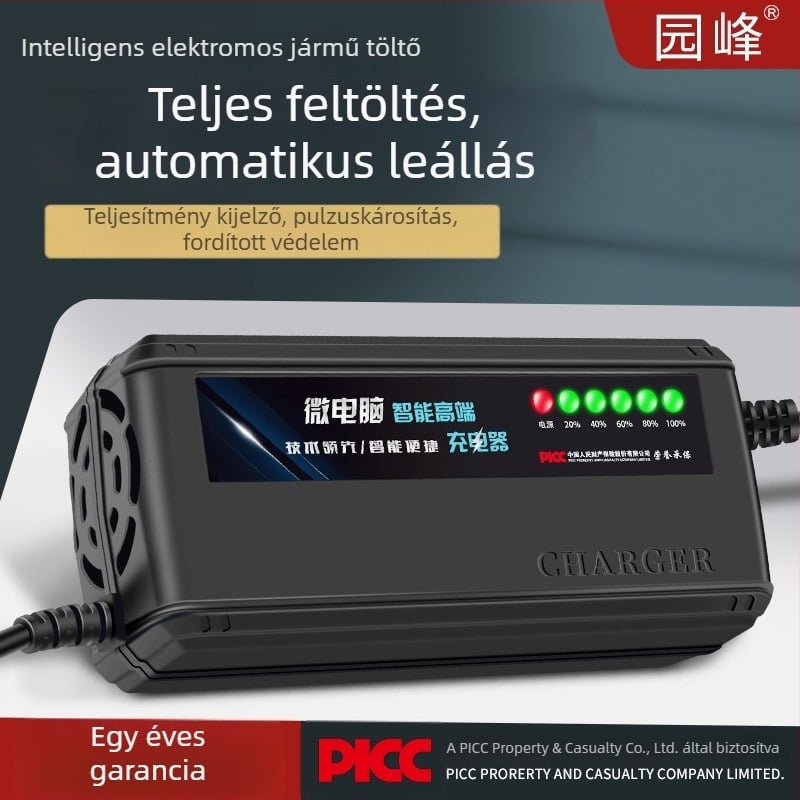 Park Peak EV akkumulátortöltő 48-72V, 20A, 6 LED kijelző, automatikus kikapcsolás, bemenet AC 100-240V