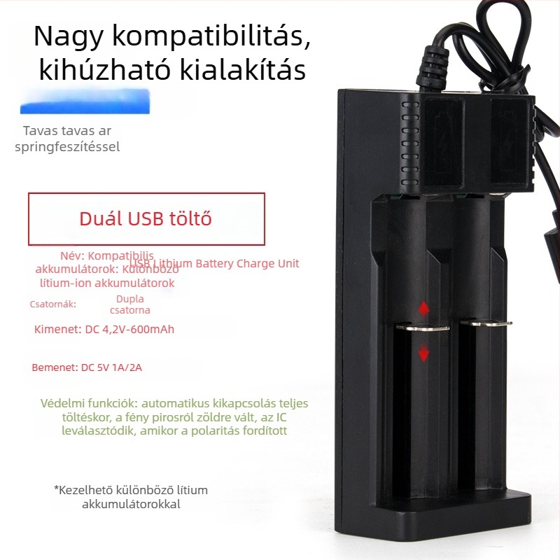 Saibang 18650 Li-ion akkumulátor töltő – USB többmodellű töltő, bemenet DC5V-1A/2A, kimenet 4.2V, GB tanúsítvány, Li-ion akkumulátorokhoz