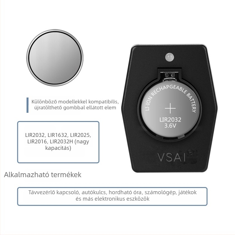 Li-ion gombakkumulátor töltő LIR2032/LIR2025, USB töltő, bemenet AC110-240V, kimenet 2.8-8.7V, KC tanúsított