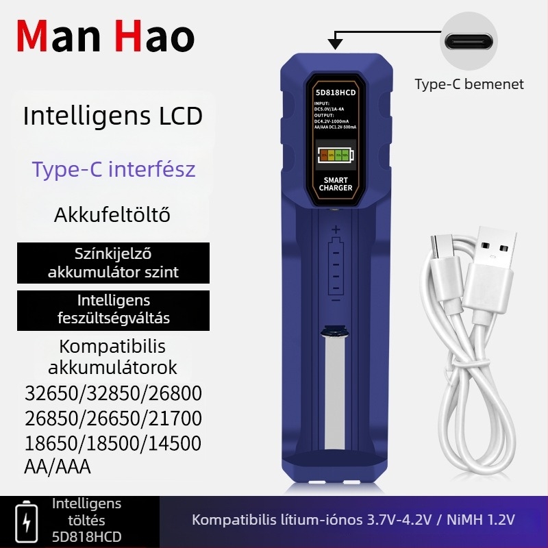 LCD okos töltő Li‑ion akkumulátorokhoz 18650/26650, Type-C interfész és kijelző, bemenet AC100-240V, kimenet 4.2V 1A / 1.2V 0.5A, RoHS