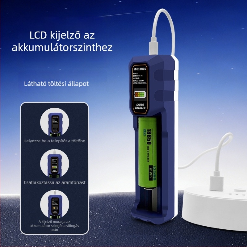 LCD okos töltő Li‑ion akkumulátorokhoz 18650/26650, Type-C interfész és kijelző, bemenet AC100-240V, kimenet 4.2V 1A / 1.2V 0.5A, RoHS