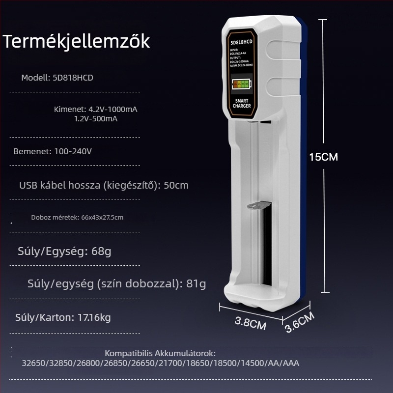 LCD okos töltő Li‑ion akkumulátorokhoz 18650/26650, Type-C interfész és kijelző, bemenet AC100-240V, kimenet 4.2V 1A / 1.2V 0.5A, RoHS