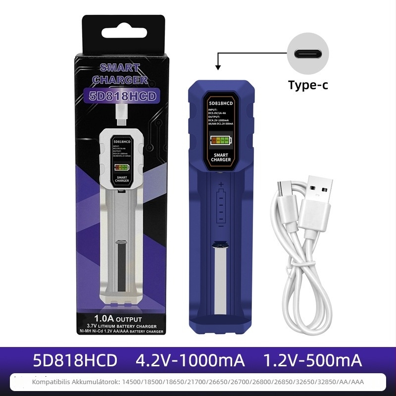 LCD okos töltő Li‑ion akkumulátorokhoz 18650/26650, Type-C interfész és kijelző, bemenet AC100-240V, kimenet 4.2V 1A / 1.2V 0.5A, RoHS