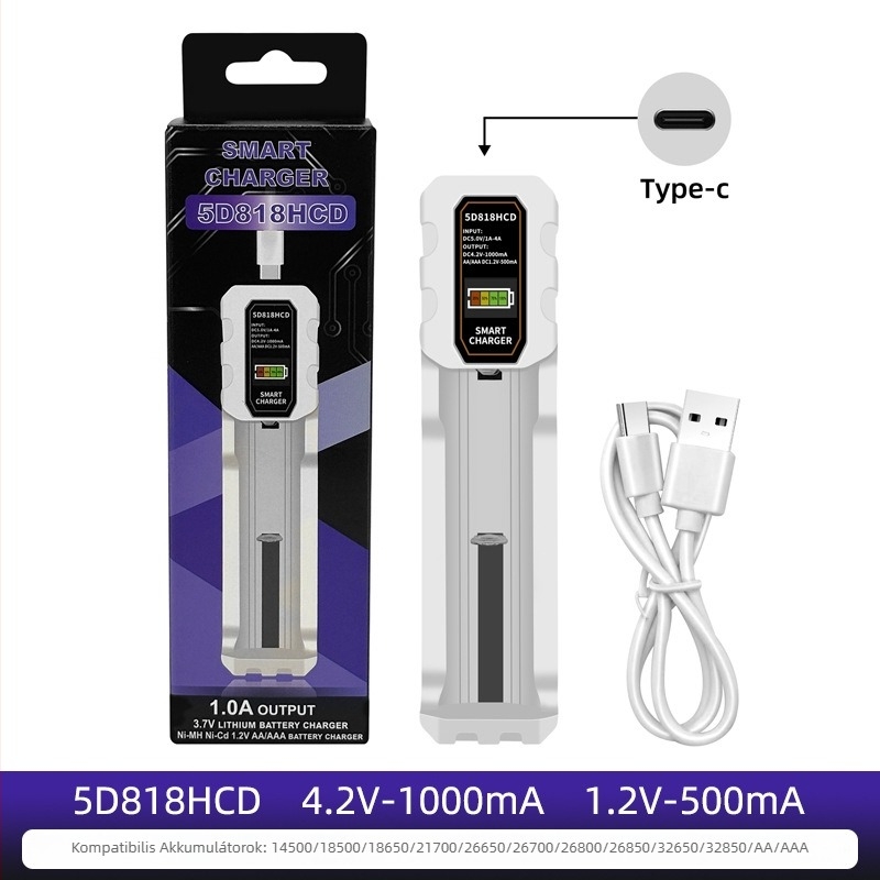 LCD okos töltő Li‑ion akkumulátorokhoz 18650/26650, Type-C interfész és kijelző, bemenet AC100-240V, kimenet 4.2V 1A / 1.2V 0.5A, RoHS